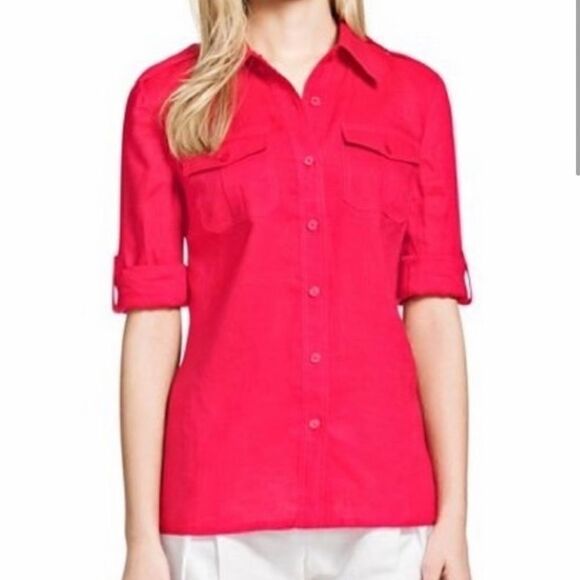 Tory Burch Linen Button Up Roll Tab Sleeve Shirt Carnival Red - Picture 1 of 9